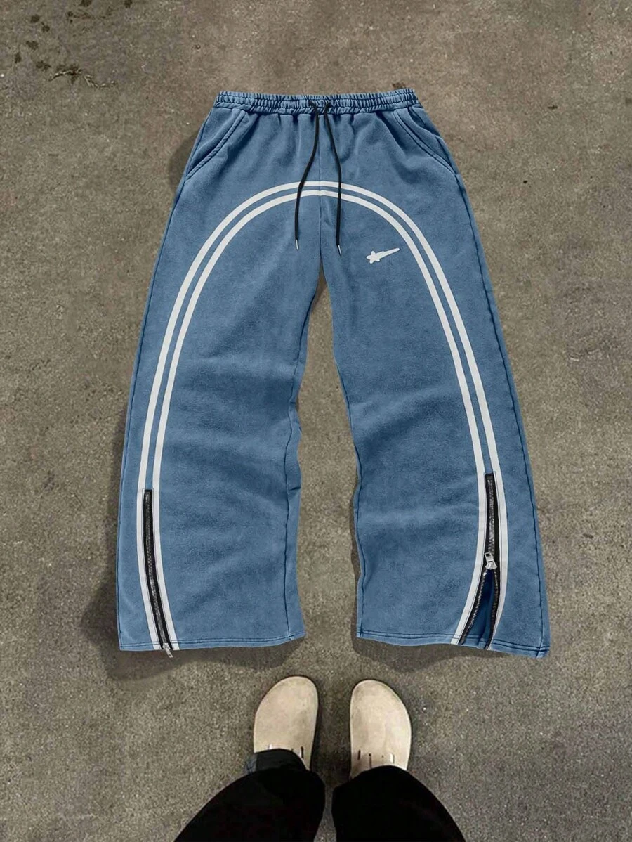 Manfinity Streetrush Cotton Men's Plain Color Patchwork Front Drawstring Pocket Casual Sweatpants,Manfinity EMRG Men's Drawstring Waist Printed Wide Leg Fashion Sweatpants,Zipper Design