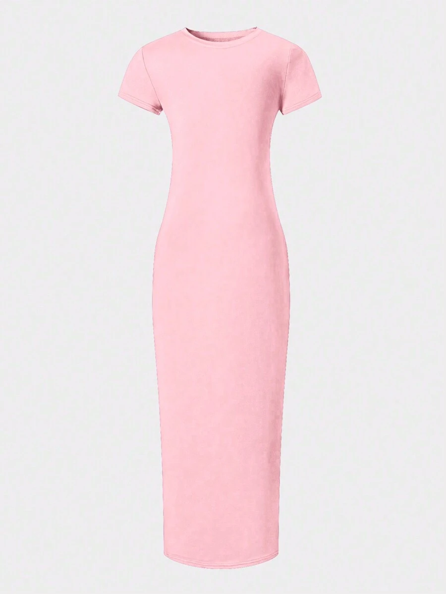 SHEIN Wildeya Vestido casual de manga corta y longitud a la rodilla, sencillo y combinable, para adolescentes