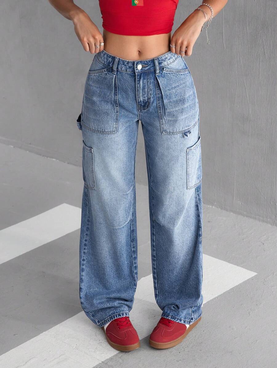 SHEIN EZwear Women's Casual Washed Straight Leg Cargo Jeans