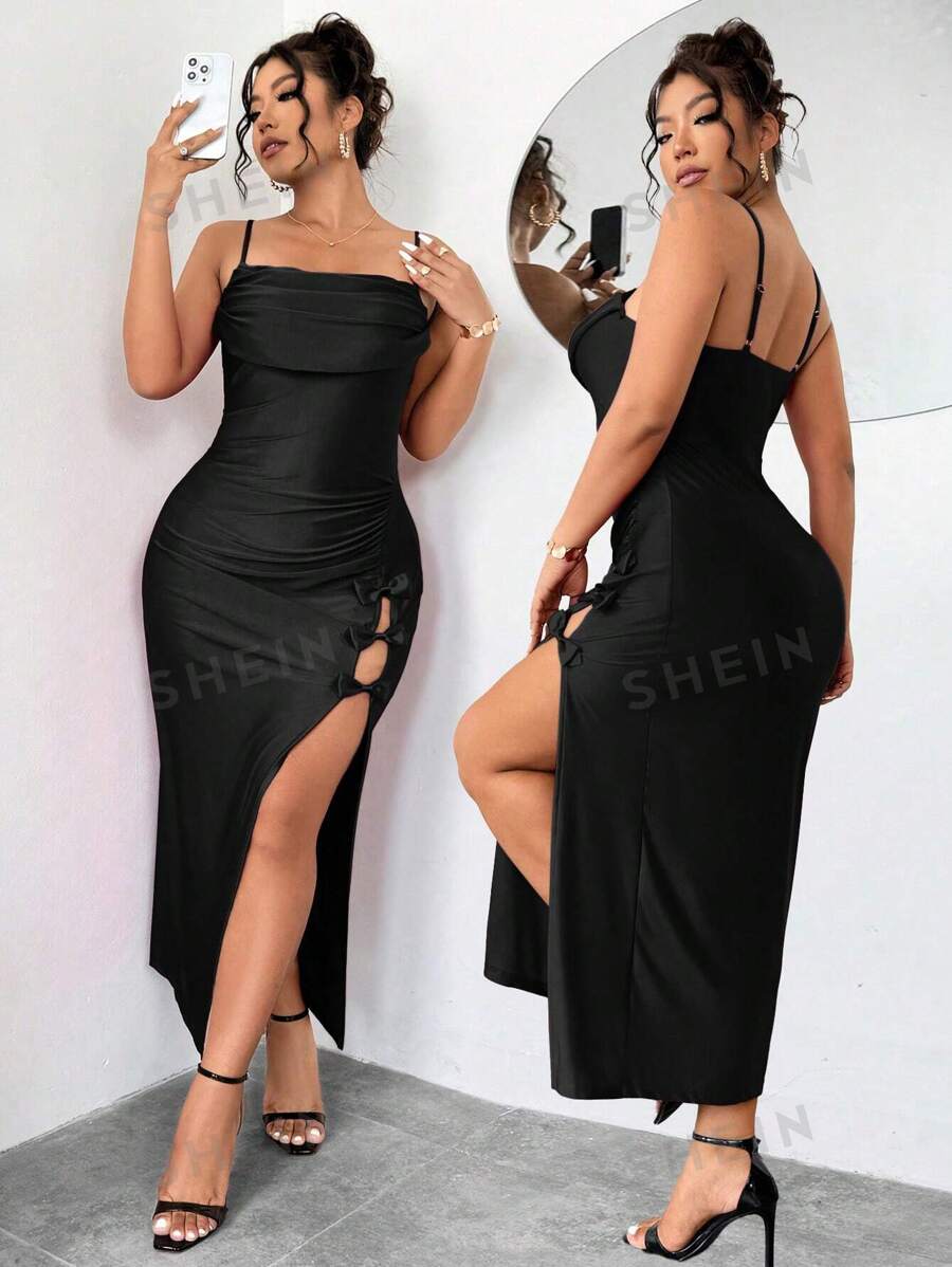 Elenzga Elegante vestido de fiesta con escote pronunciado y abertura alta para mujer de talla grande con decoración de moño