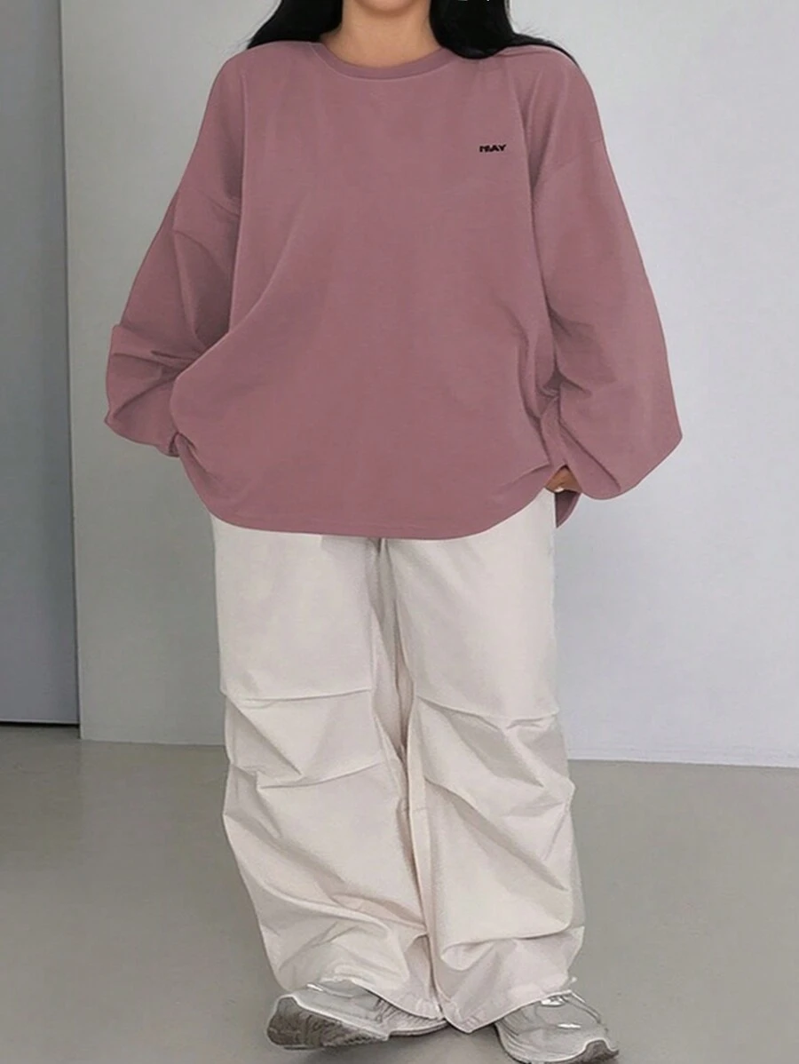 Dazy Plus Oversized Letter Print Round Neck Long Sleeve T-Shirt, Suitable For Spring, Summer, Autumn
