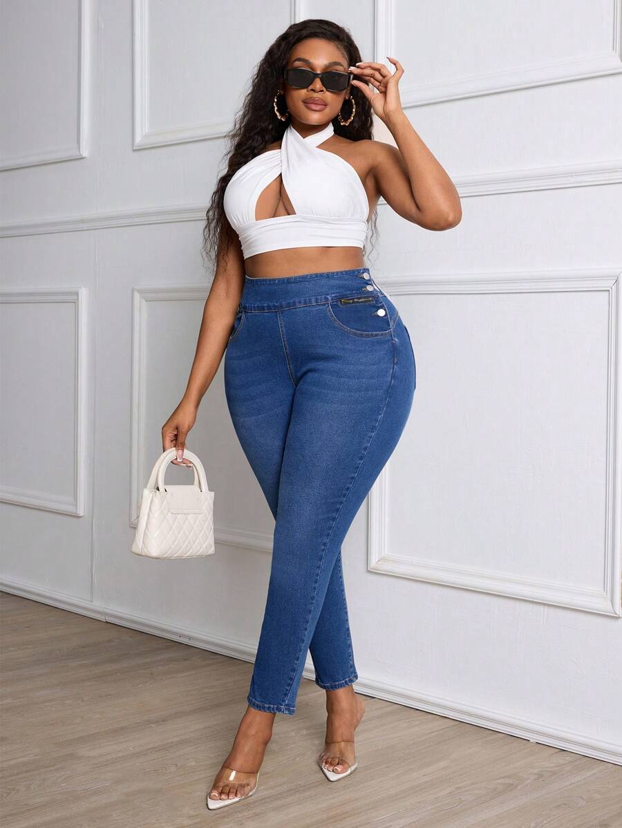 SHEIN SXY Plus Size Women Stretchy Denim Skinny Pants With Side Button Closure