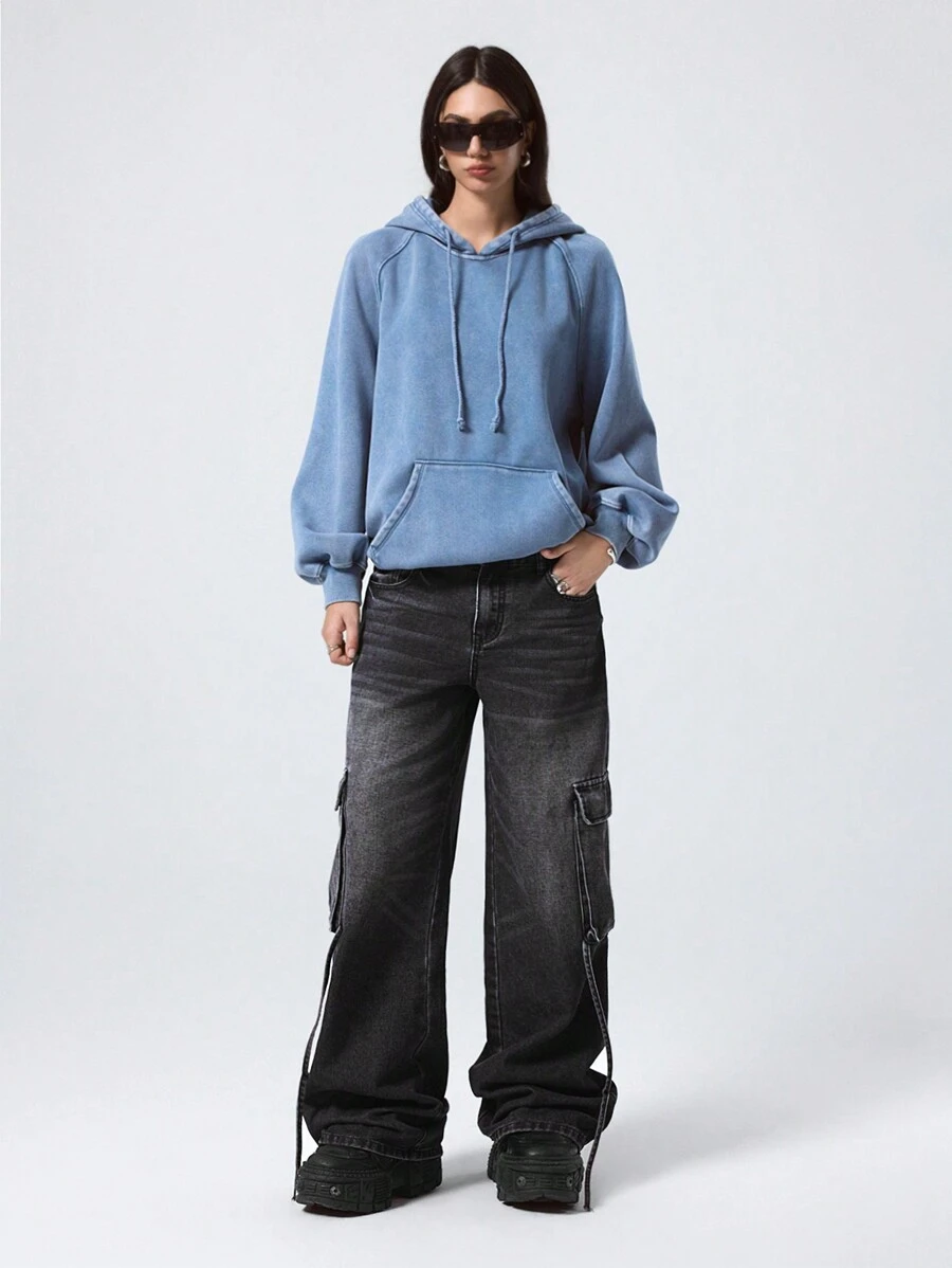LYSMO Women's Cargo Pocket Wide Leg Loose Casual Denim Jeans