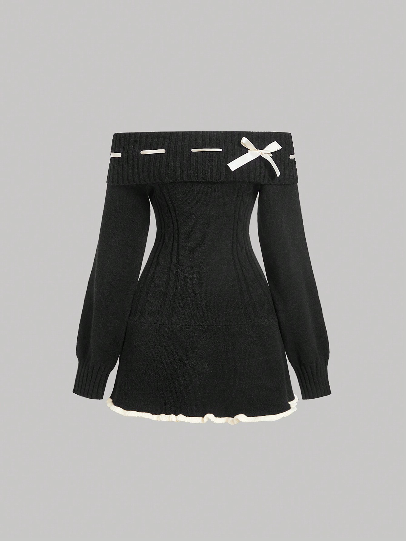 Apricot And Black Jacquard Bowknot Off-The-Shoulder Long Sleeve Sweater Dress,Homecoming Dress,Elegant Women Dresses,Airport Women Outfits,Halloween Outfits,Cat Woman Costume,Short Formal Dress,Fall Clothes,Party Women Dresses