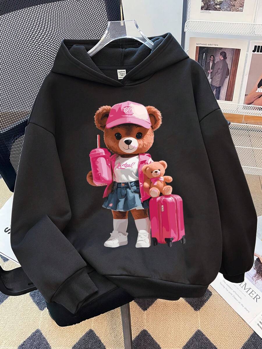 SHEIN Cool Girl, Cute Bear Graphic Hoodie Sweatshirt, Tween Girls Casual Thick Long Sleeve Pullover For Autumn & Winter