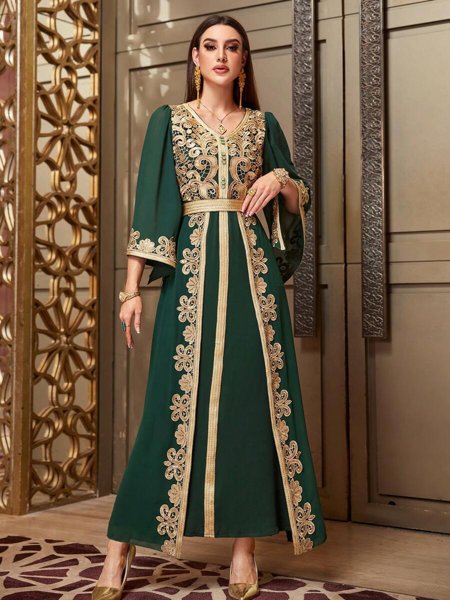 Layrah Elegant Party Dark Green And Gold Embroidered Bell Sleeve Dress, Modest Kaftan
