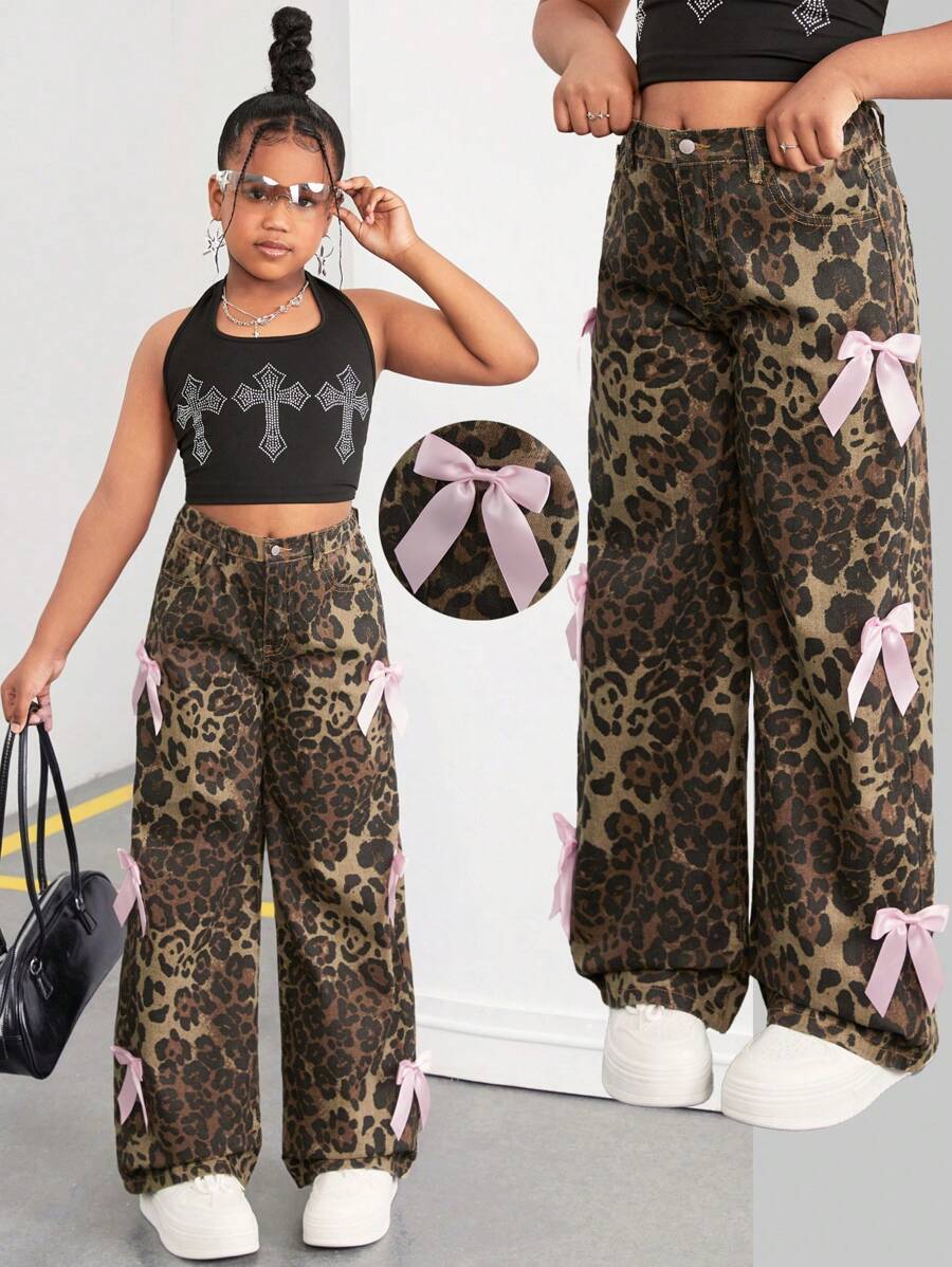 SHEIN Tween Girls Y2K Fashion Leopard Print Baggy Straight Leg Pants With Bowknot Decorated Pockets