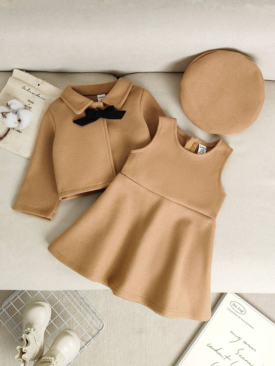 Souflis Souflis 3 sztuki/zestaw dla dziewczynek Elegancka Akademia Klasyczna Ciepły Krótki Kardigan Kurtka, Sukienka Bez Rękawów I Beret Garnitur, Kolor Khaki, Wygodna I Miękka Tkanina, Nadaje Się Na Zewnątrz, Jesień/Zima