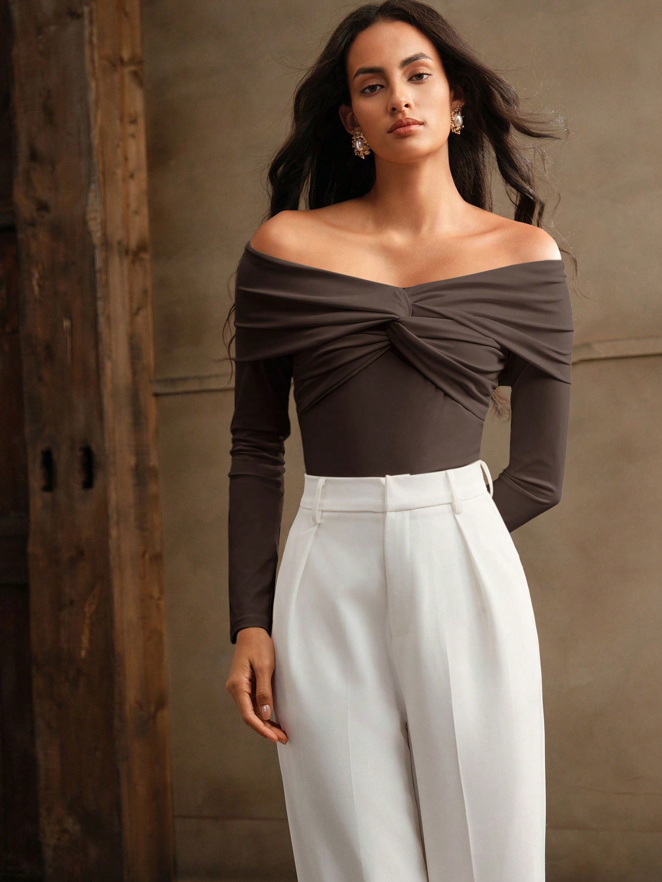 Anewsta 1pc Women's Sexy Off Shoulder Long Sleeve Twisted Bodysuit