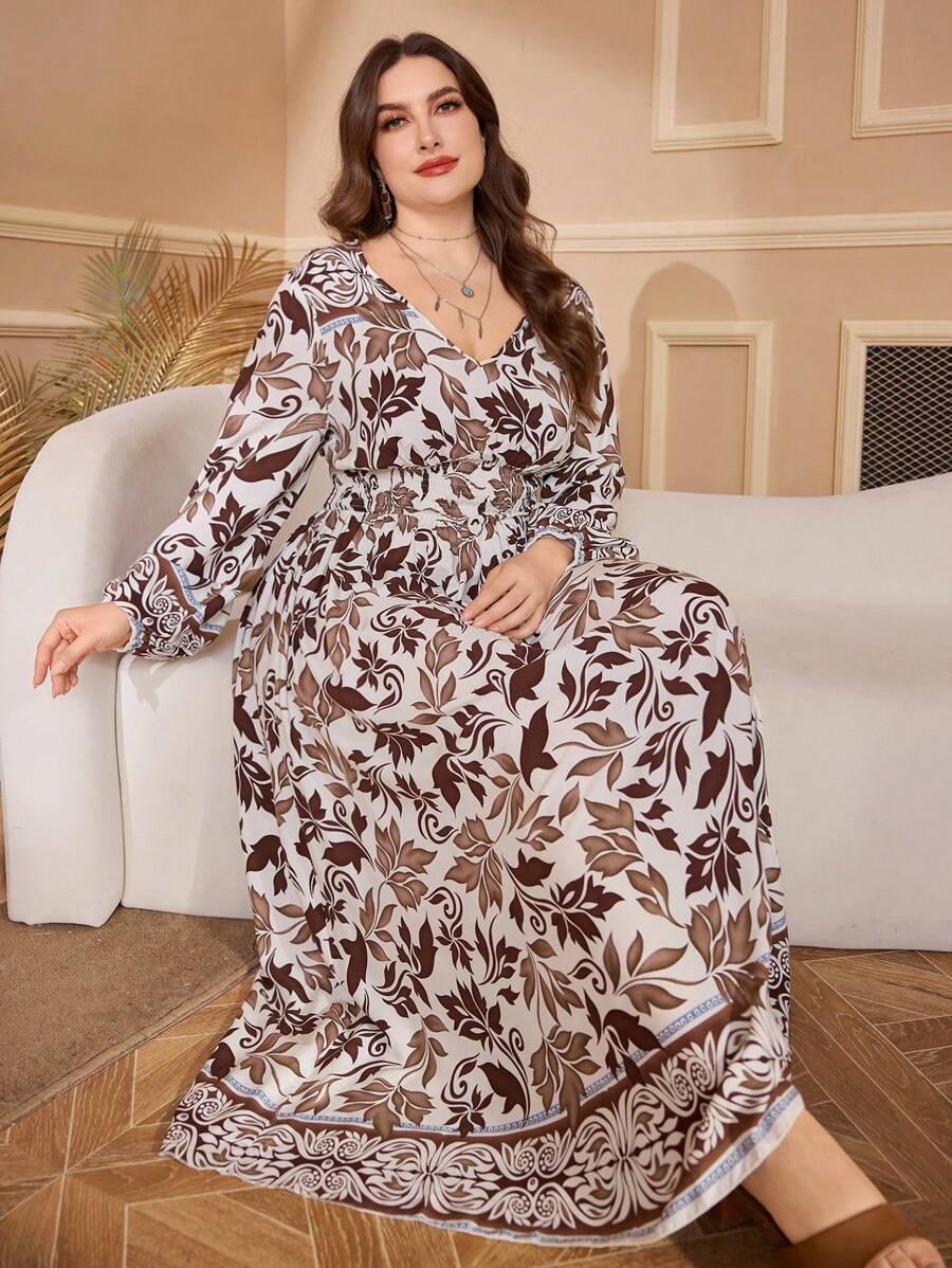 Lacomfia Casual Leaf Floral Print V-Neck Waisted Long Sleeve A-Line Dress, Plus Size, Suitable For Spring & Autumn