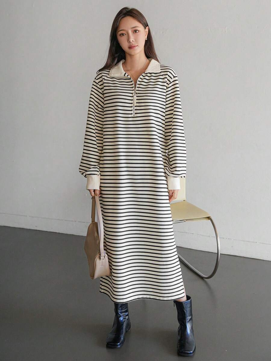 Dazy-Less Striped Half-Placket Pullover Dress For Women,Casual Women Dresses