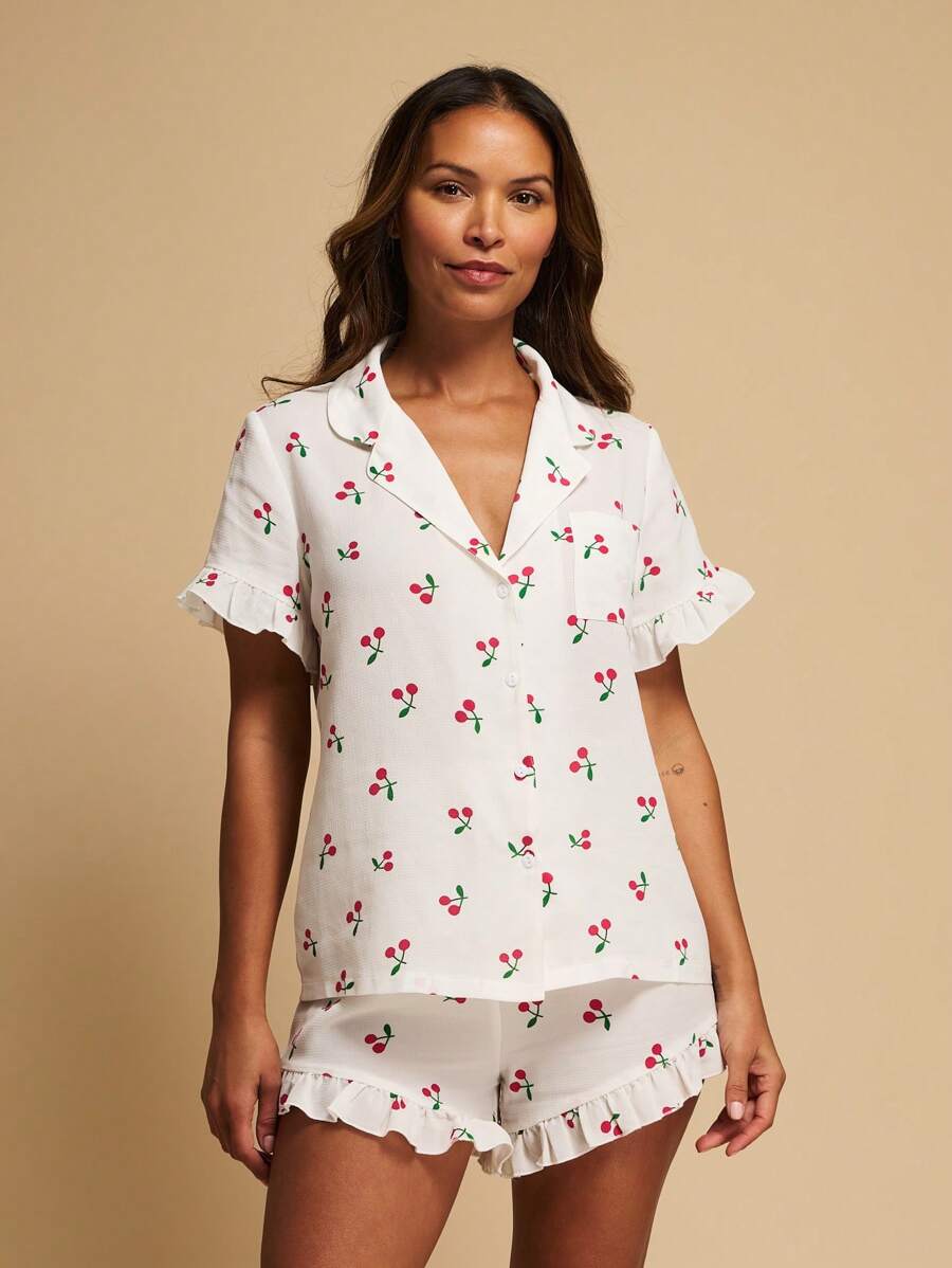 TryMe Set de pijamale cu mânecă scurtă, cu volane, cu guler, cu imprimeu cireș