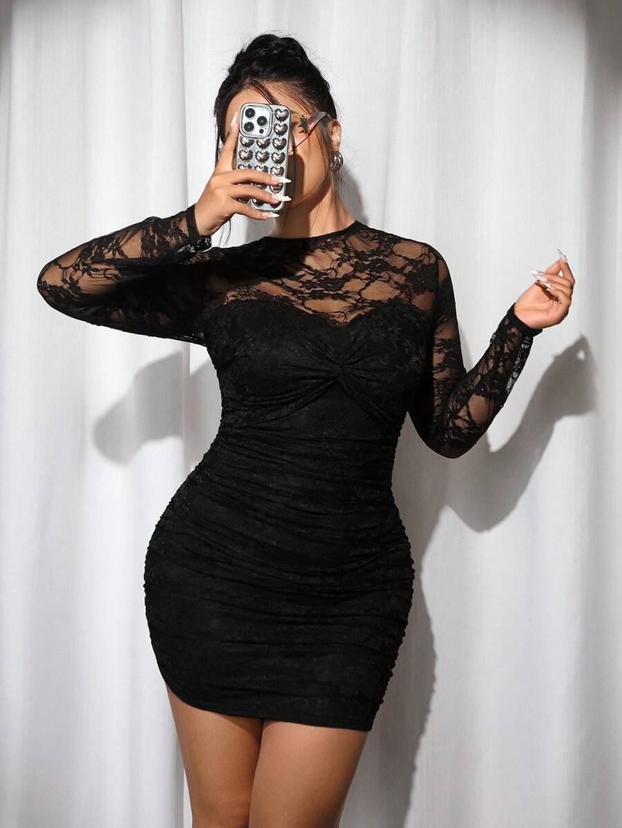 SHEIN ICON Plus Size Black Crew Neck Long Sleeve Lace Twist Front Mini Bodycon Dress, Lace Mini Dress, Suitable For Parties