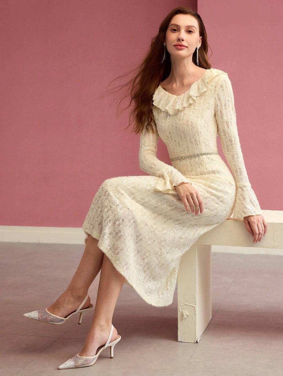 MOTF PREMIUM SEQUIN RUFFLE TRIM MIDI DRESS,SPRING/SUMMER
