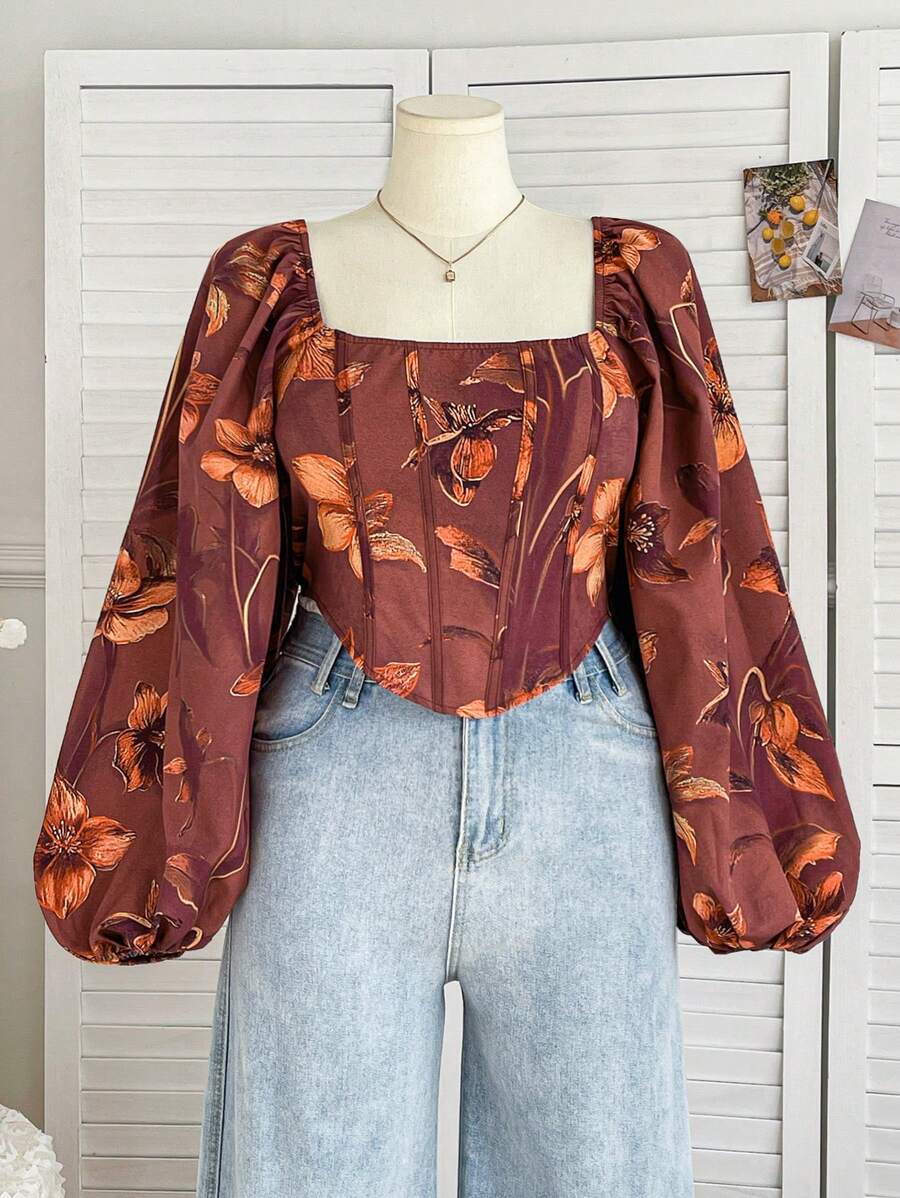 Soleia Plus Size Women's Retro Renaissance Style Brown Boat Neck Lantern Sleeve Cropped Blouse