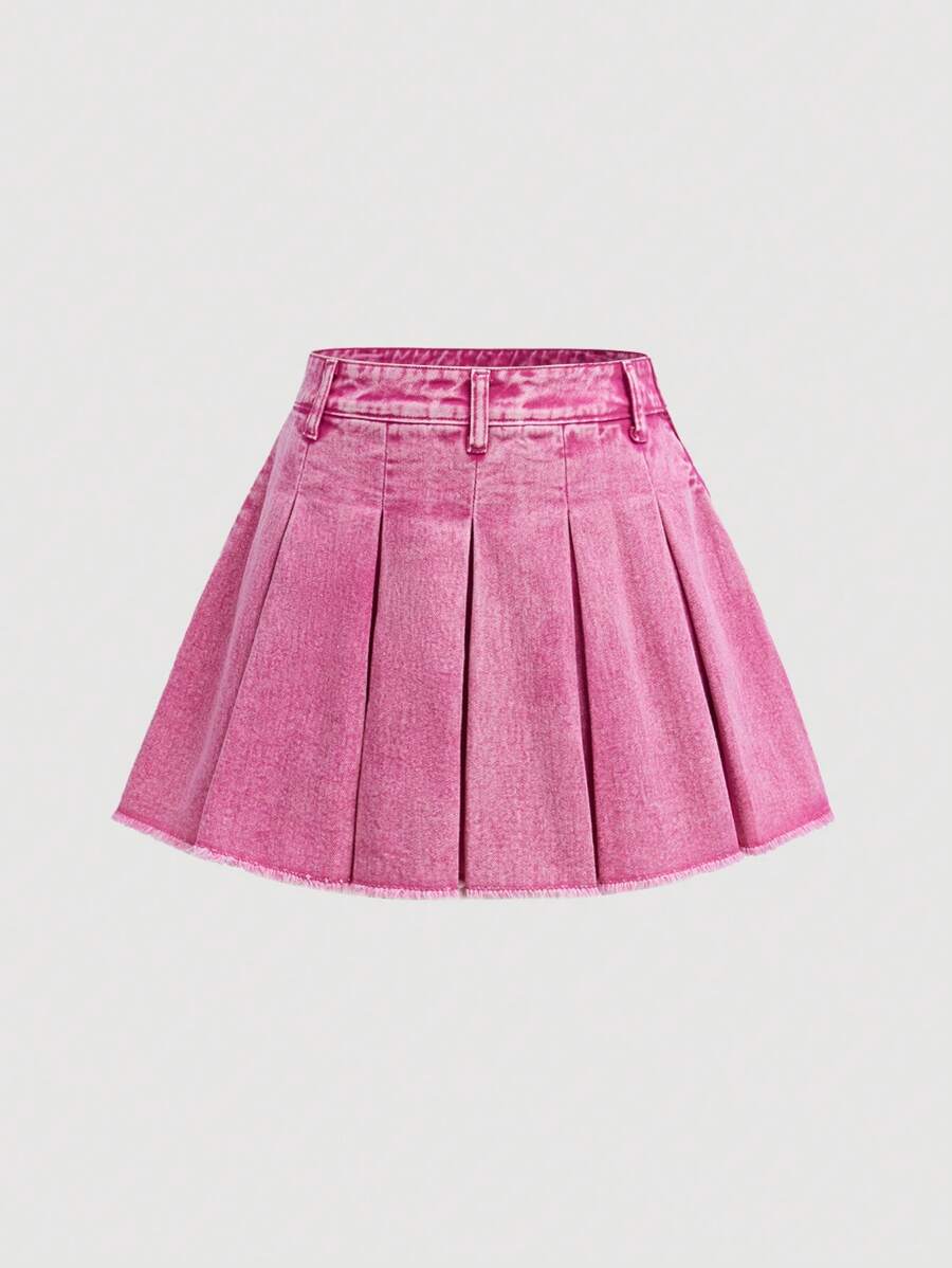 SHEIN Girlism Minifalda de mezclilla plisada con dobladillo deshilachado y lavado sólido, estilo Y2K, para niñas adolescentes. Ropa de otoño para niñas, atuendos de regreso a la escuela, vestimenta urbana