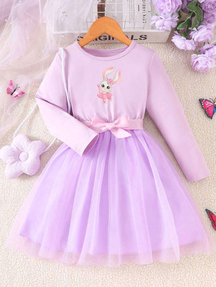 Cute Cartoon Rabbit Print Round Neck Long Sleeve Mesh Girl Dress