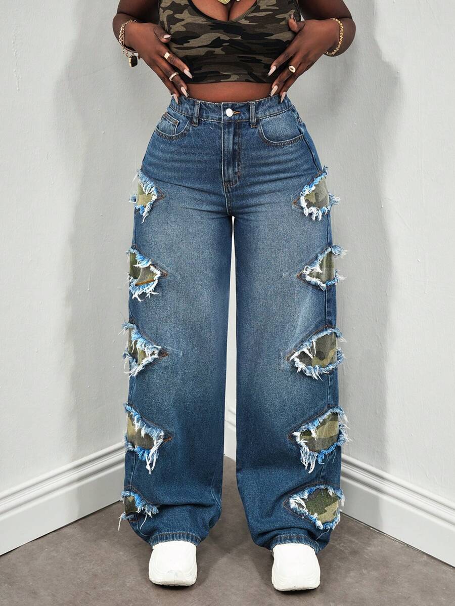 Slaydiva Women's Jeans Camouflage Fit Straight Leg Pants Stitching Camo Cargo Women Pants Low Rise Jeans Y2k Clothes Petite Women Y2k Pants Baggy Women Jeans Low Rise Baggy Jeans Street Wear Women Street Wear Women Ripped Women Jeans Cargo Women Pants Baggy Women Jeans