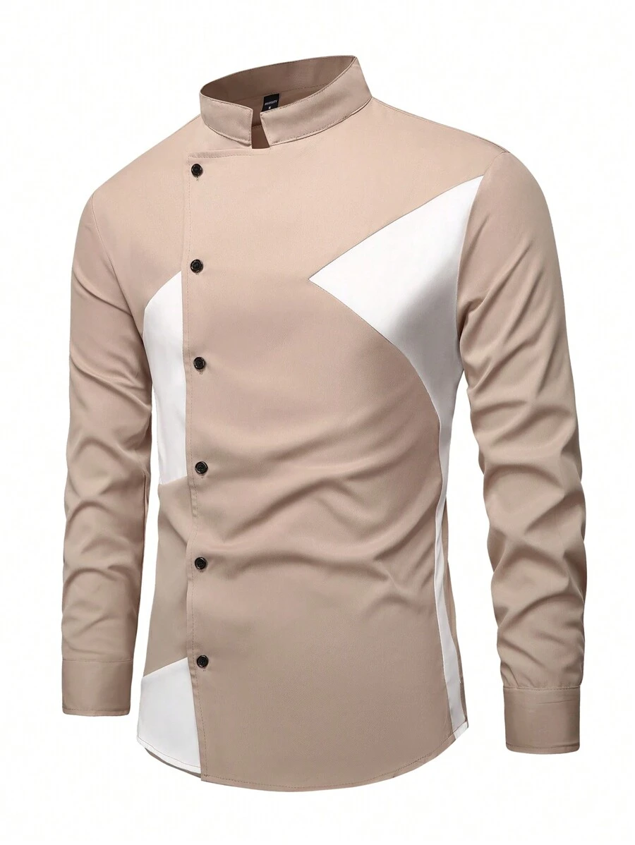 Manfinity Homme Men's Contrast Color Long Sleeve Single Breasted Casual Shirt, Autumn