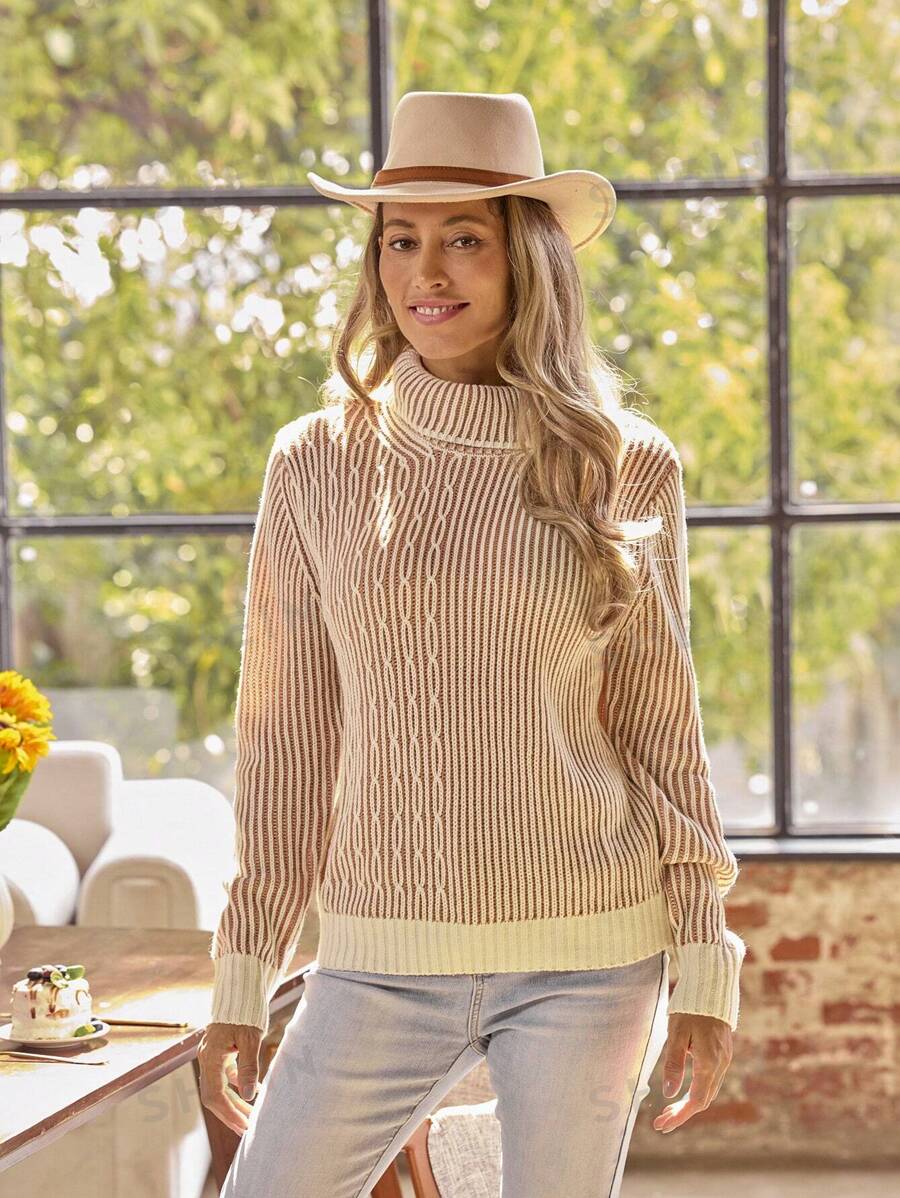 LanaWest Jersey de cuello alto, de manga larga, con bloques de color, informal, para mujer, para otoño/invierno