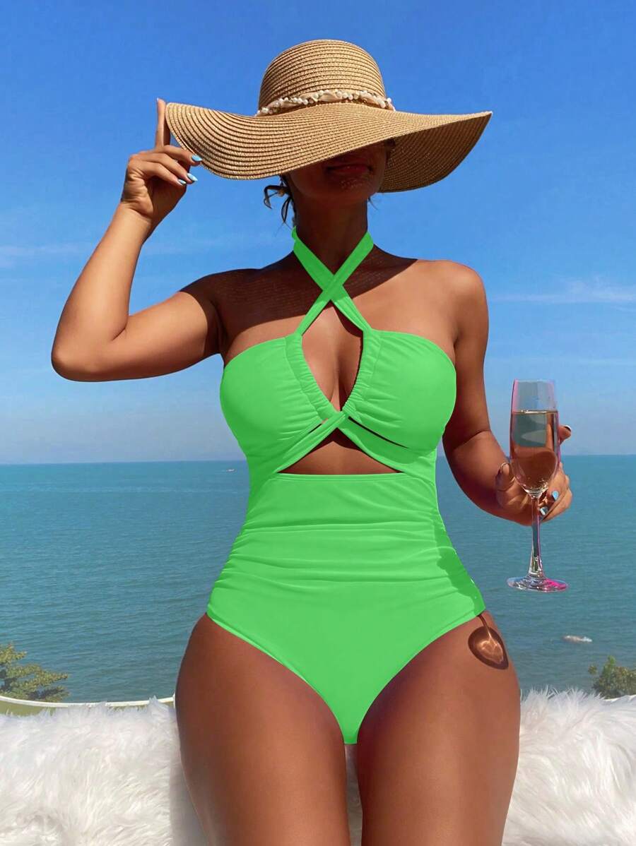 SHEIN Swim 1pc Women's Solid Color Sexy Hollow-Out Halter One-Piece Swimsuit For Beach Vacation Summer