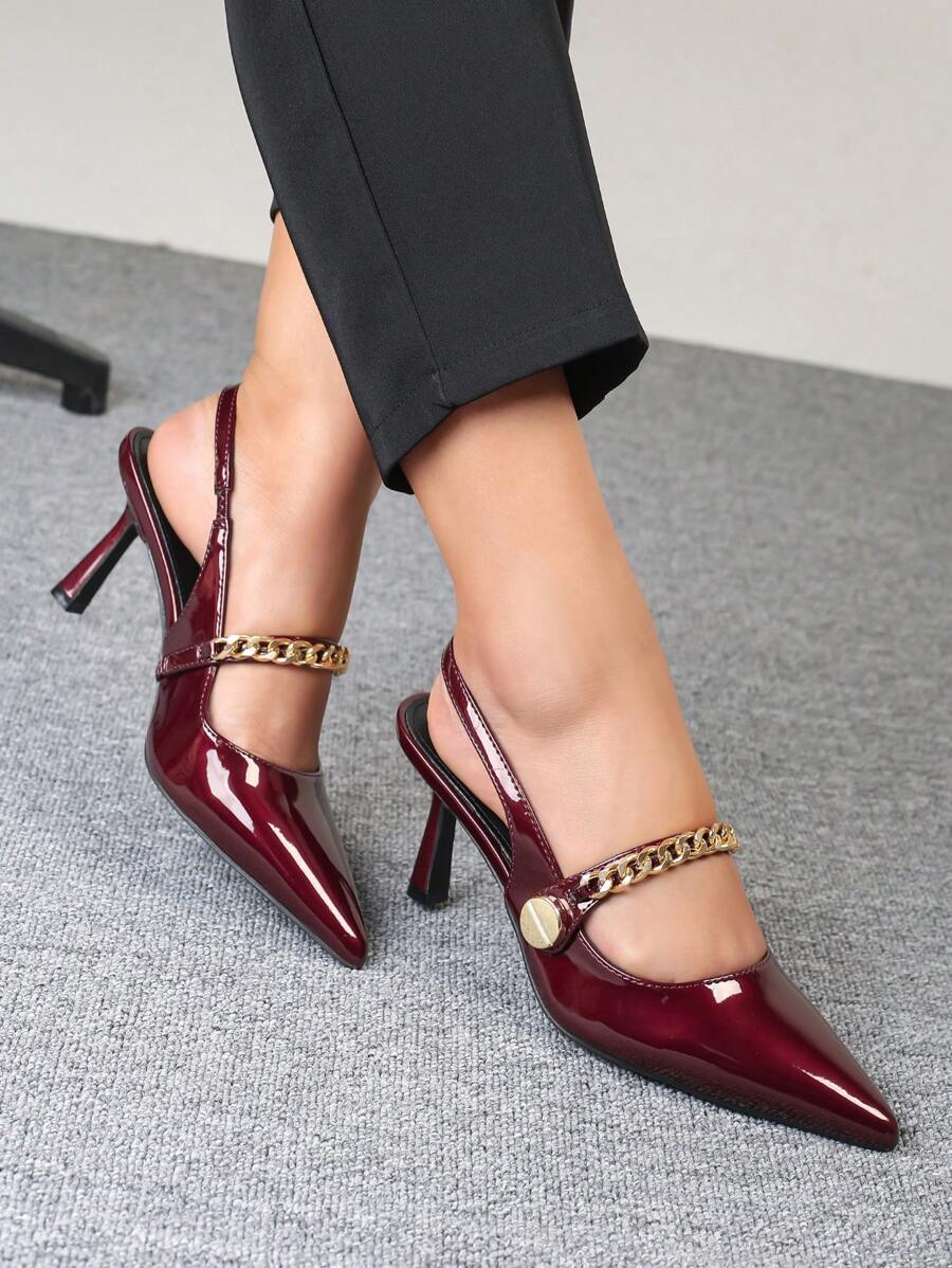 CUCCOO BIZCHIC Pointed Toe High Heel Women's Shoes, Elegant High-Quality Burgundy Single Strap Heels With Gold Chain Detail, For Commuting And Daily Wear New Year Holiday