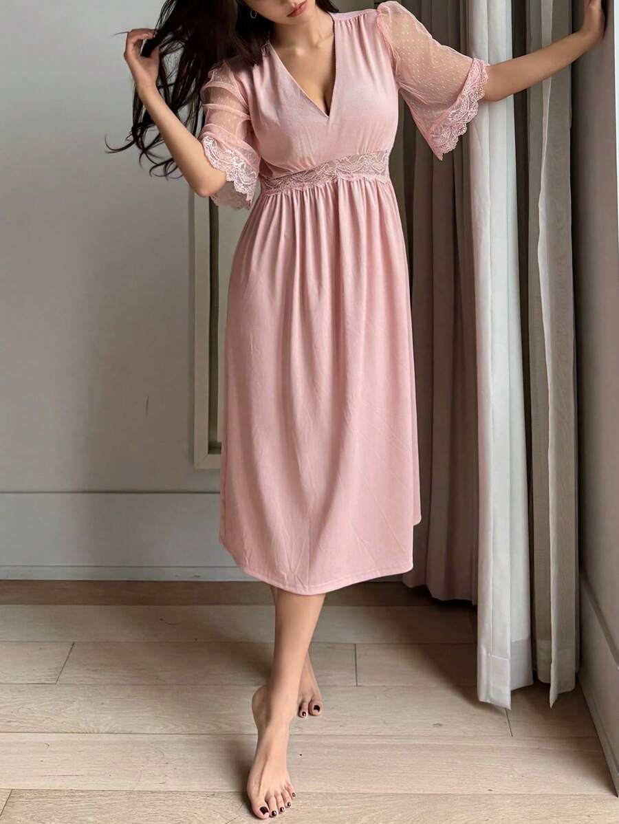 DAZY Lace Patchwork Sexy V-Neck Long Nightgown