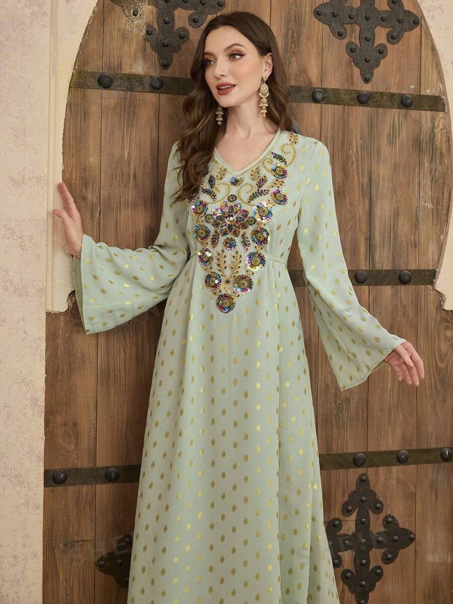 Al Najma Vestido de estilo árabe con cuello en V, mangas acampanadas con adornos y estilo fluido para mujer, vestidos árabes de primavera/verano, modestos