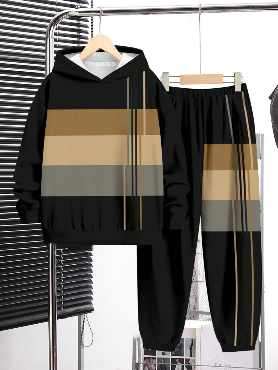 SHEIN Vintage kariertes Patchwork Design lässige Loose Fit Kapuzenpullover Set, geeignet für Teenager Jungen im Herbst/Winter