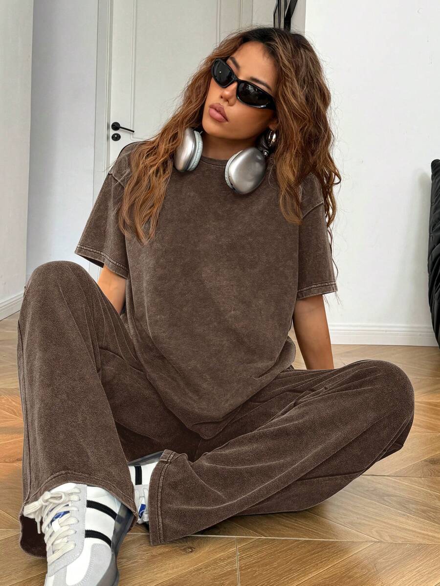 SHEIN EZwear Autumn/Winter Casual Homewear Set: Crew Neck Short Sleeve Top And Straight Leg Distressed Loose Pants