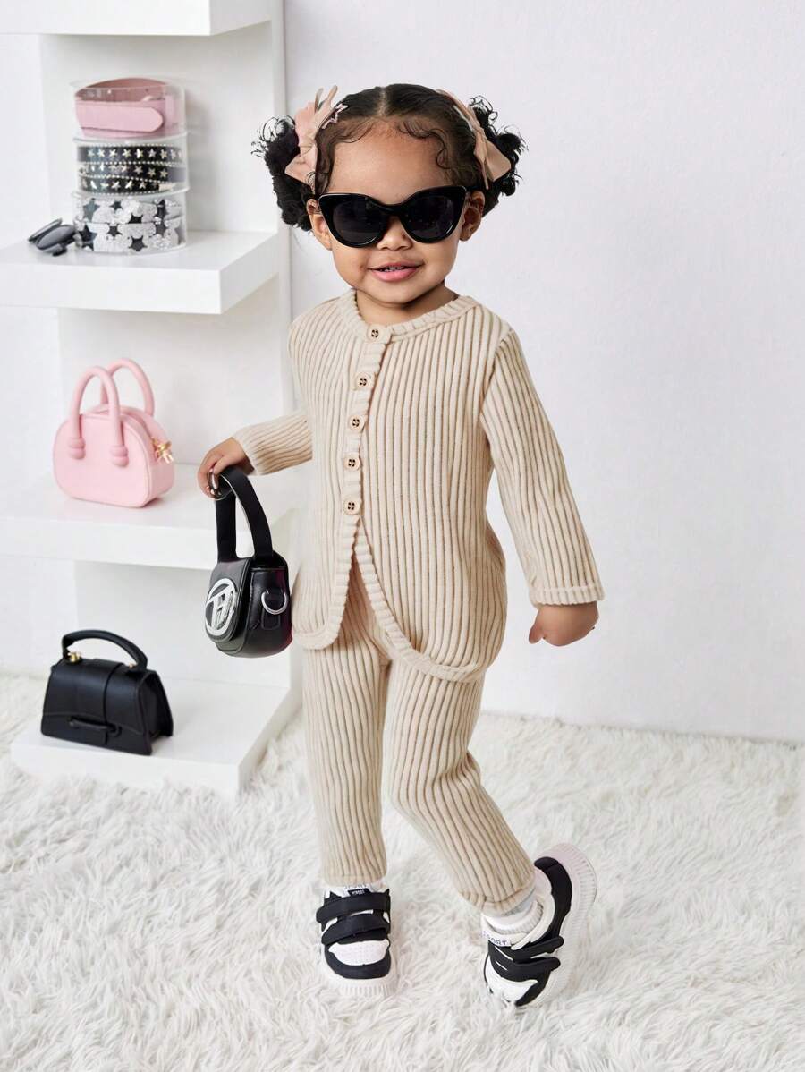 SHEIN Babygirl Cute Casual Solid Color Long Sleeve Top And Elastic Waist Pants 2pcs Set