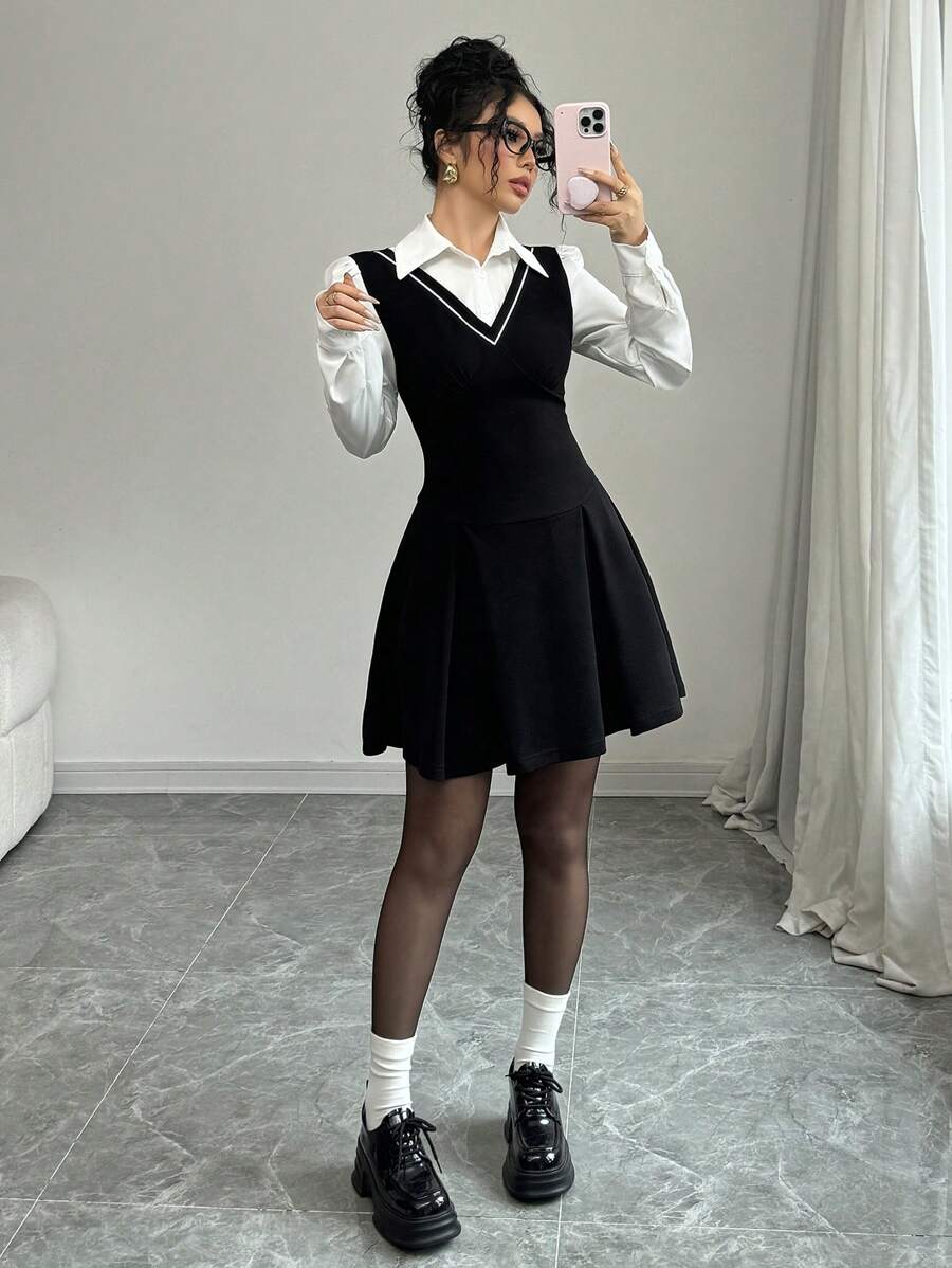 Gloray Sexy Elegant One-Piece Dress With Ruffle Collar And Cuffs, Fitted Waist, Pleated Mini , Stretchy Knit Fabric, Suitable For Daily, Date, Party Wear, Autumn/Winter