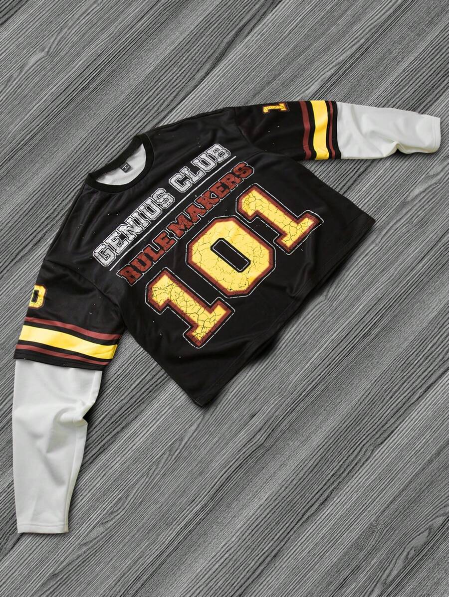 Manfinity Hypemode Camiseta de estilo jersey de baloncesto con bloqueo de color, estampado de letras y números para hombre