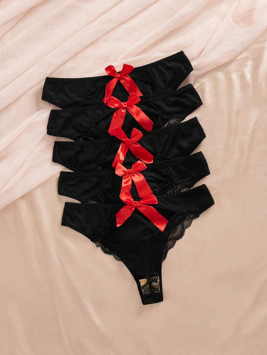 Set de 5 prendas de ropa interior de encaje y moño para mujer de talla grande