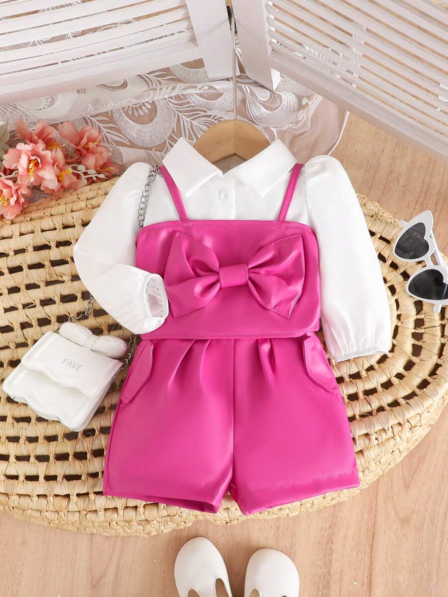 SHEIN 3pcs Infant Girl Set: Elegant Pink Suspender Top With Bow Decor, Matching Shorts And White Puff Sleeve Shirt, For Spring/Autumn