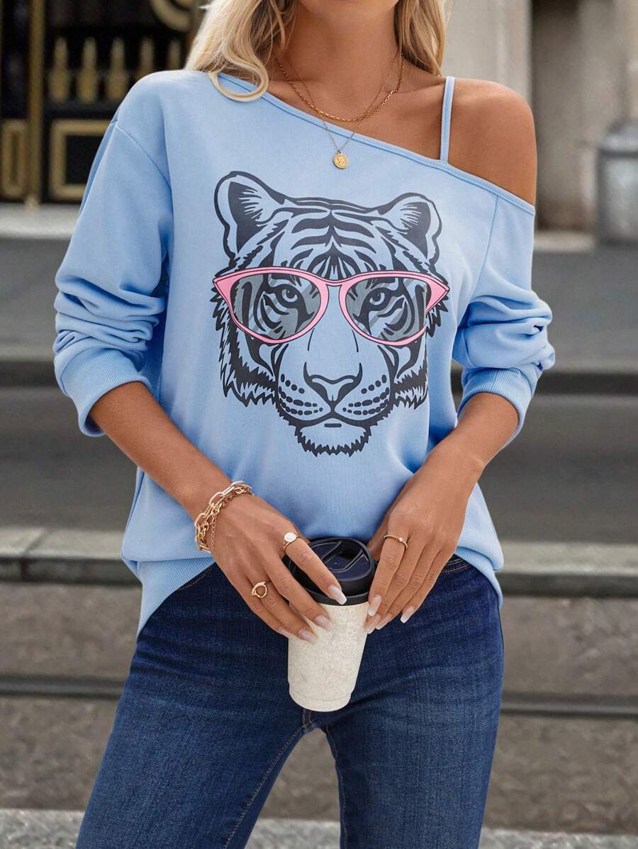 SHEIN LUNE Women's Blue Tiger Print Open Shoulder Sweatshirt, Autumn/Winter