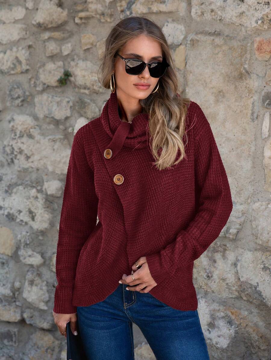 SHEIN LUNE Women Solid Color Button Design Long Sleeve Sweater, Suitable For Valentine's Day, New Year's Celebration