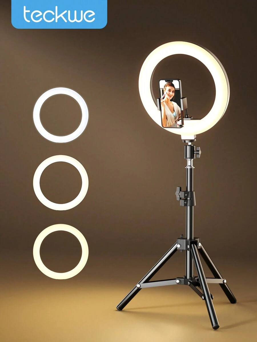 Teckwe Anneau de Lumière Selfie, Support de Téléphone sur Trépied Anneau de Lumière de Photographie Cercle Remplissage Lumière Lampe LED 3 Températures de Couleur Réglables 10 Pouces & 120 Perles de Lampe Cadeaux de Noël, Indispensables pour l'Automne et l'Hiver Vacances de Camping Accessoires Essentiels de Vacances, Fournitures de Camping