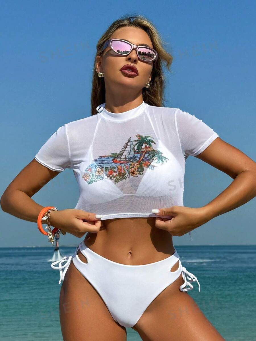 Swim Vcay Conjunto de bikini de unicolor con top de cuello halter y pasadores, con parte superior de cobertura de malla para el verano