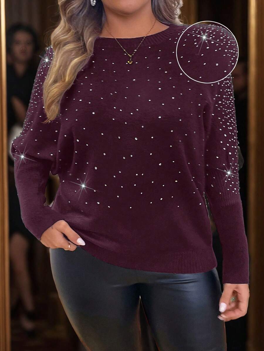 SHEIN Clasi Suéter con cuello redondo, manga larga y adornos de strass, talla grande