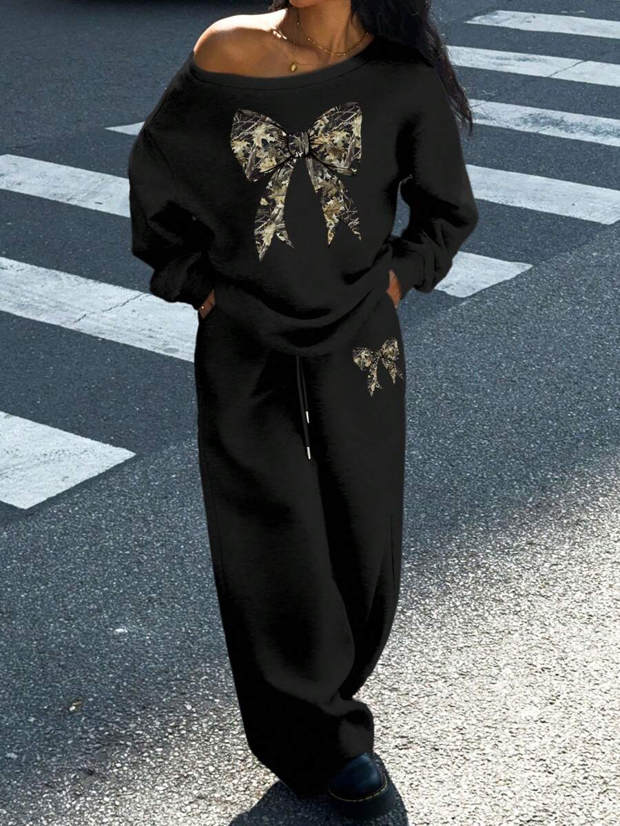 SHEIN EZwear 2 pièces ensemble femme: sweat-shirt ample à col large avec décoration en nœud, épaules dénudées et pantalon de survêtement à jambes larges. Doublure épaisse, convient pour l'automne/l'hiver