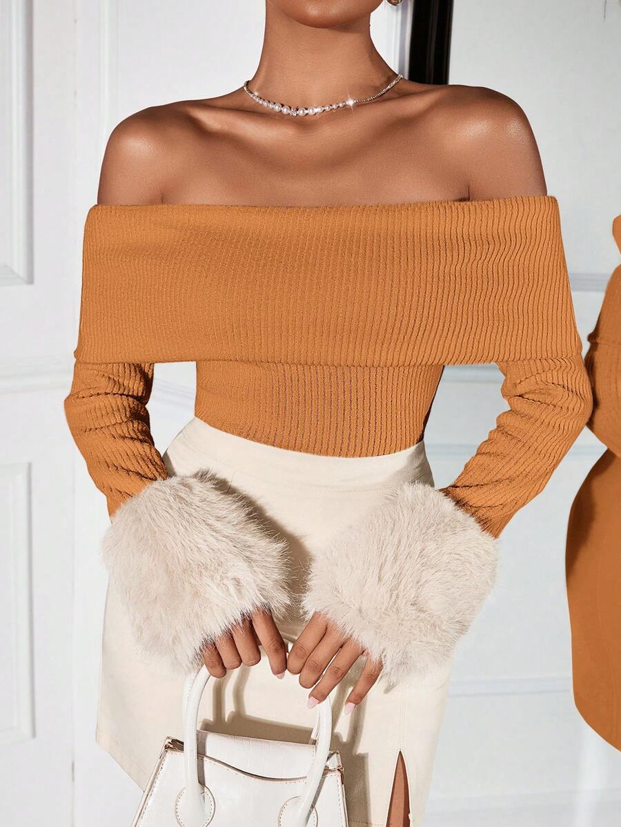 SHEIN SXY Jesienne ubrania damskie; Damskie wiosenne jesienne jednolite kolory patchworkowe futrzane mankiety odkryte ramiona dopasowane modne bluzki wyjściowe dla kobiet, elegancki strój na codzienne randki, klubowanie, imprezy i wydarzenia noworoczne; Noworoczny strój damski