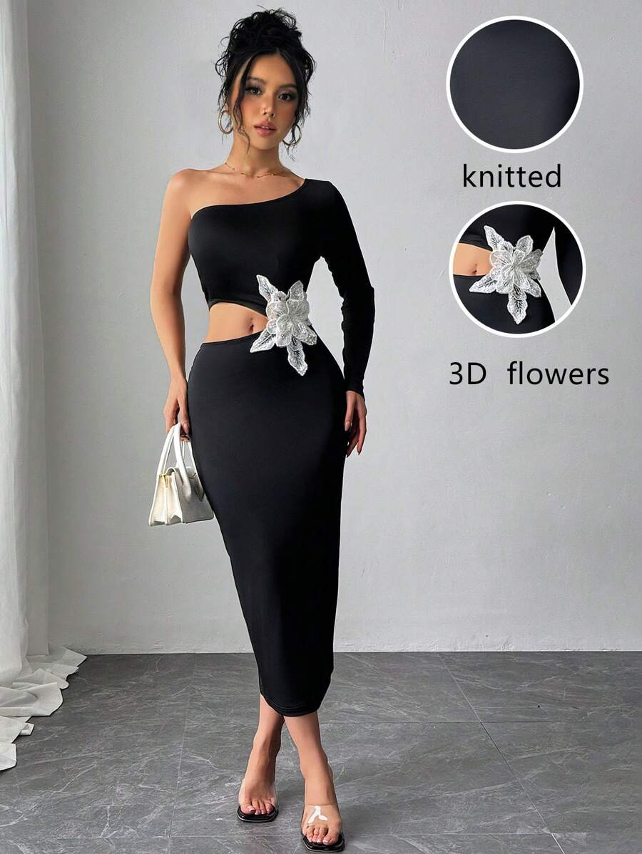 Calvaya Women's Solid Black Asymmetrical Floral Dress