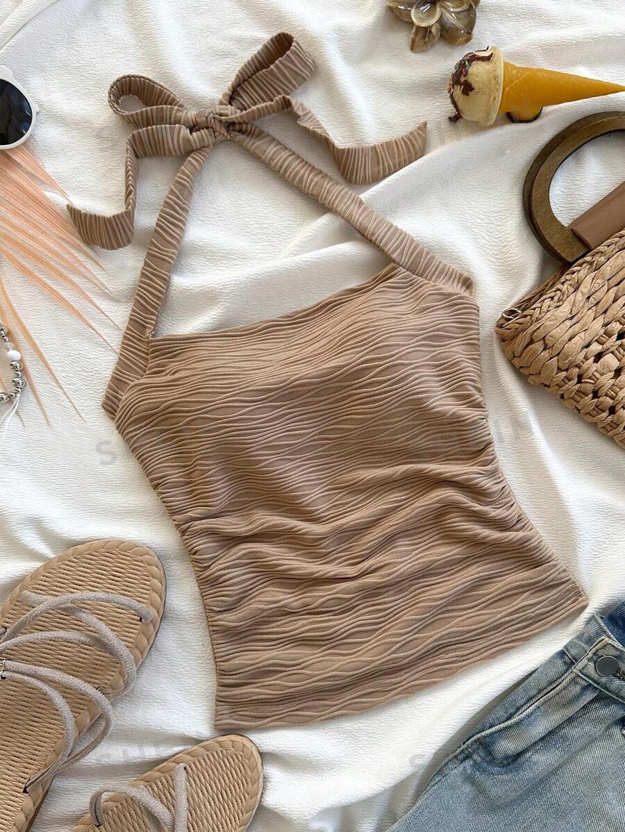 Soleia Camiseta ajustada de punto texturizado de color café para vacaciones de mujer