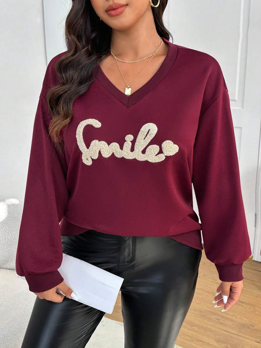 SHEIN Frenchy Plus Size Casual College V-Neck Letter Embroidered Pullover Sweatshirt Graduation,Back To School Outfits,Graduation,Teacher Outfits For Women,Back To School