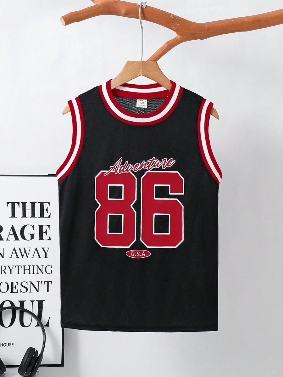 1st Tween Boy Color Block Rood & Wit Grafische Print Losse Fit Tanktop, Geschikt Voor Zomer Casual, Sport, Vakantie