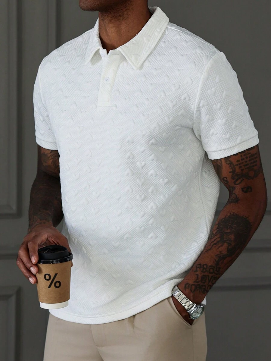 Manfinity CasualCool Men's Heart Embossed Short Sleeve Casual Polo Shirt, Suitable For Outdoor And Casual Occasions, For Golf