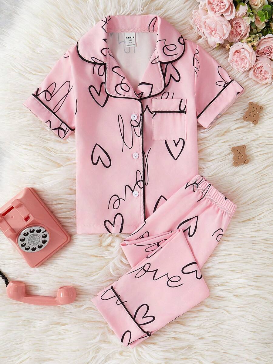 Young Girl 2 Pieces Heart & English Letter Print Comfortable Short Sleeve Top And Pants Pajama Sets, Light Pink