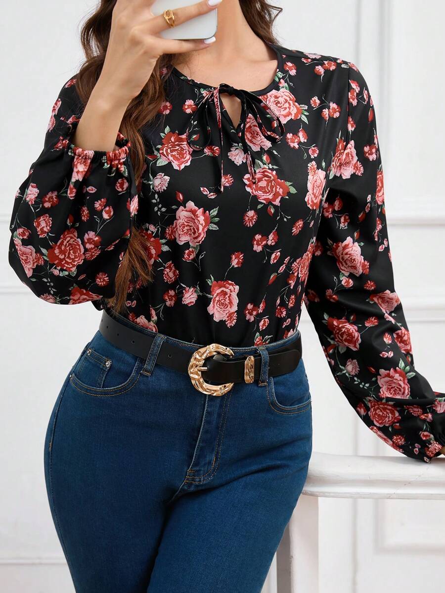 INAWLY 1pc Women's Black Long Sleeve Ditsy Floral Casual Shirt