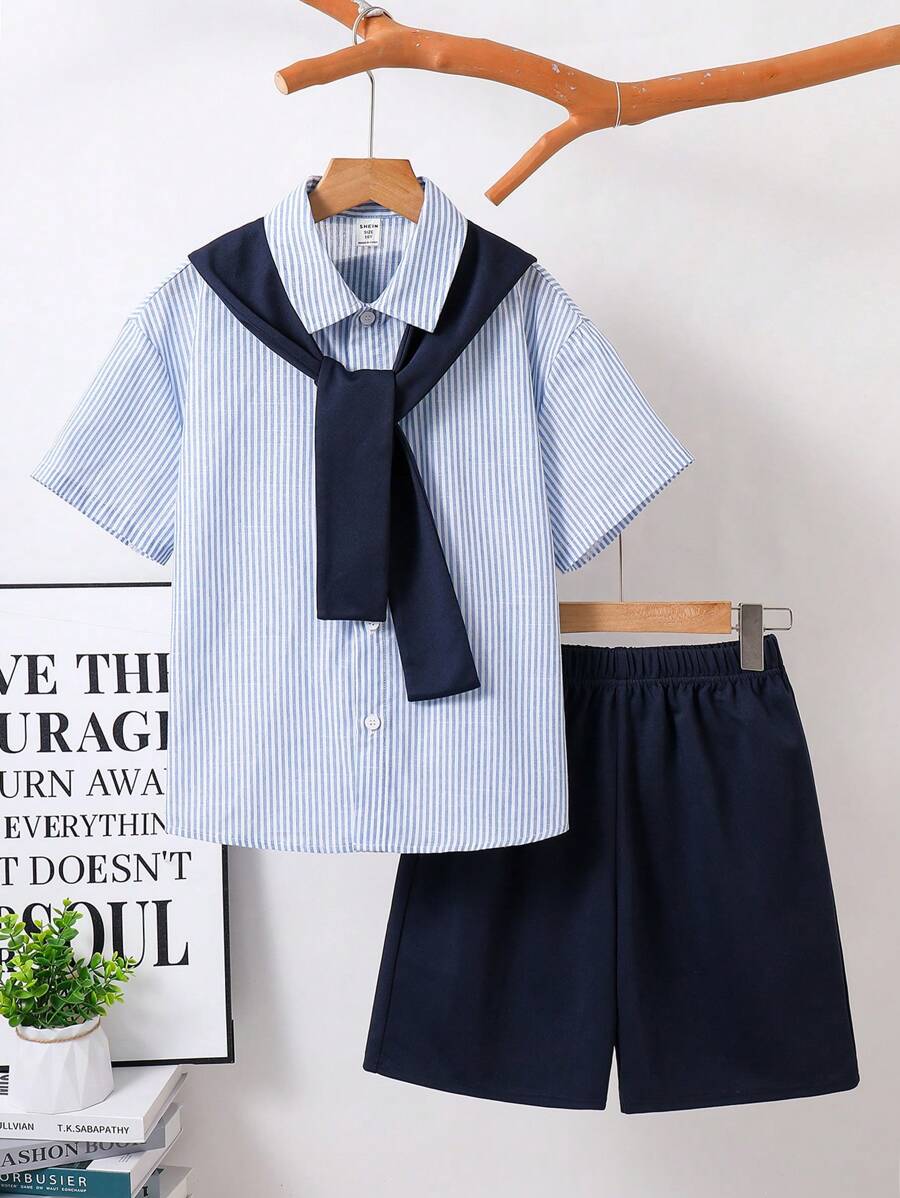 3-Piece Tween Boy Casual Shawl Collar Mid-Sleeve Striped Shirt & Solid Shorts Set, Korean/Japanese Style
